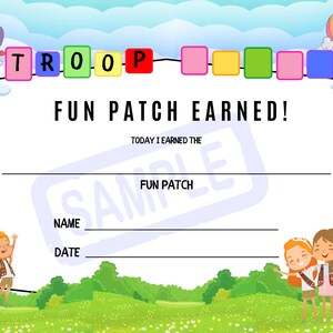 May include: A colorful certificate with the text "TROOP" and "FUN PATCH EARNED!" features a blue sky background with hot air balloons. The certificate includes spaces for a name and date, and illustrations of children.