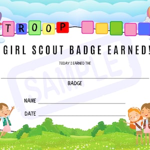 May include: A Girl Scout badge earned certificate with the word "TROOP" in colorful letter blocks. The certificate includes space for a name and date, with illustrations of girls and hot air balloons.