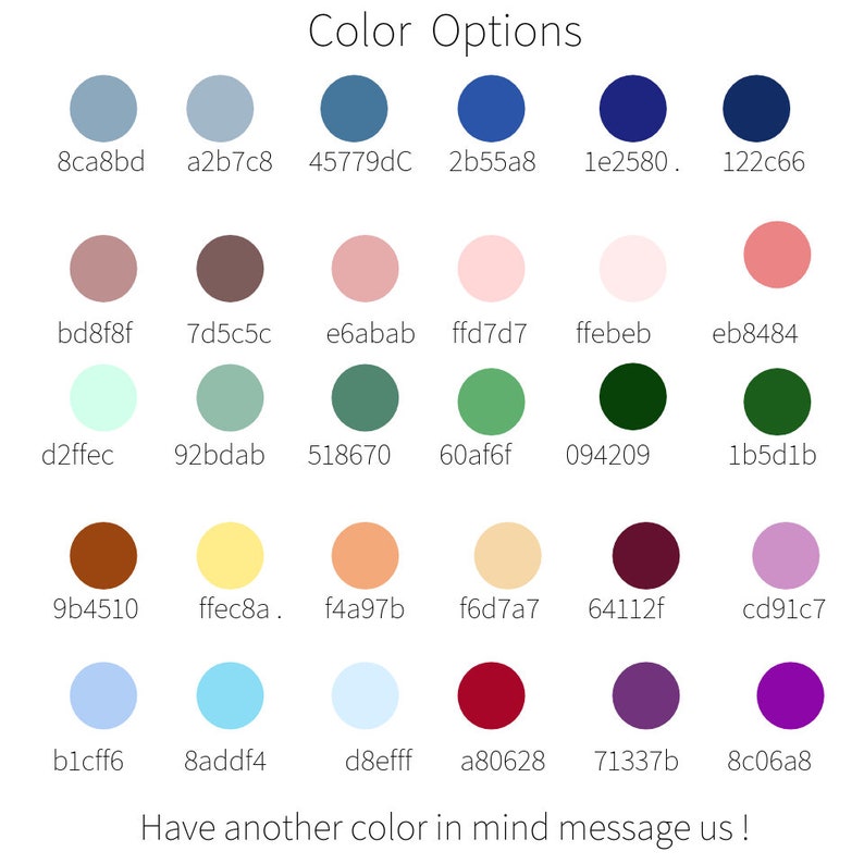 Puede incluir: Una tabla de 36 muestras de color diferentes, cada una con un c&oacute;digo hexadecimal. Los colores van del azul claro al morado oscuro.