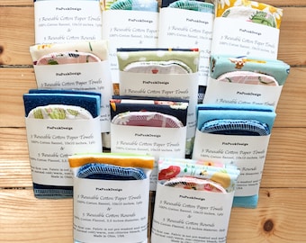 3 toallas reutilizables y 5 discos de algodón reutilizables - Conjunto de muestra - Estampados sorpresa - PiaPunkDesign