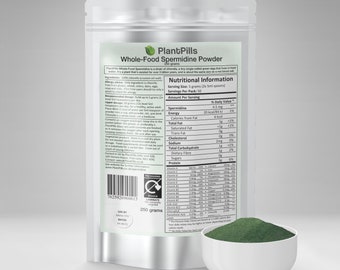 500 Gramm PlantPills Whole Food Spermidine Powder Lab verifiziert bei 215 mg / 250g Spermizin Inhalt. Hochwertiges natürliches Langlebigkeitsprodukt