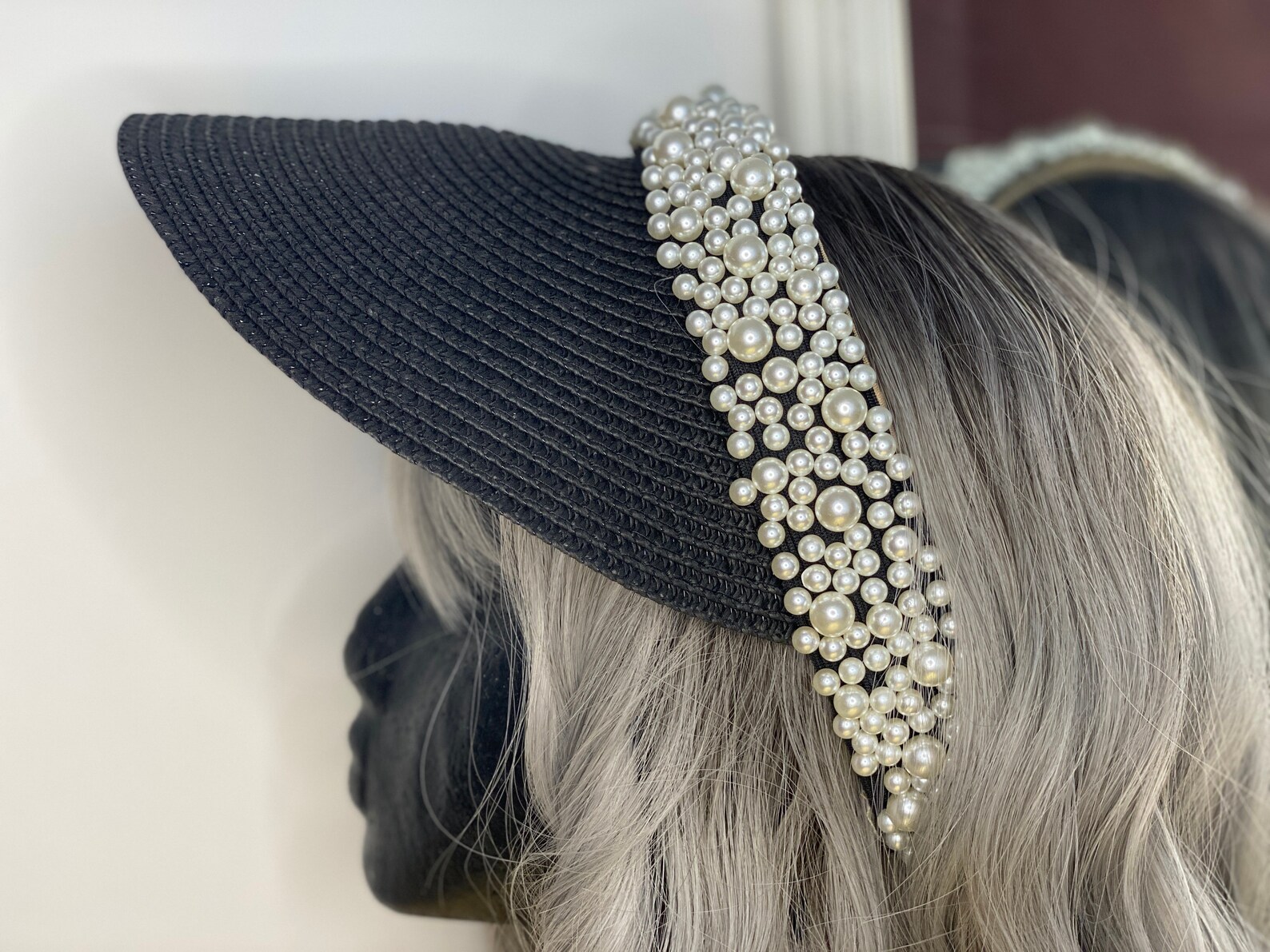 BLACK EMBELLISHED VISOR Headband Soft Straw and Faux Pearls Etsy