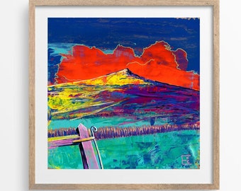 Blue landscape PRINT/ colourful Print/ Funky Roseberry Topping