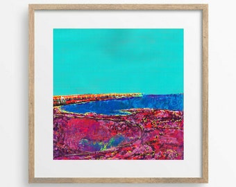 Hartlepool Headland in the north east coast, aqua blue landscape,ECCarter Art,funky seaside painting, colourful landscape