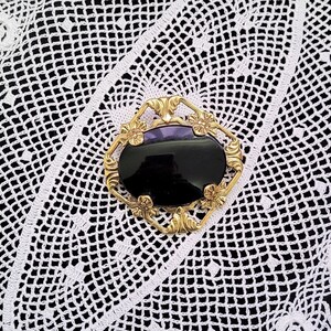 Vintage Super lovely Victorian style 1980&#39;s Gold tone Brooch with Black porcelain stone. 1.5 inches square.