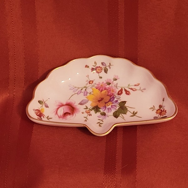 Vintage Fan shaped dainty Royal Crown Derby English Bone China trinket dish, Derby Posies XLI design