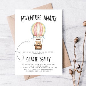 L’aventure attend Baby Shower 5x7 Invitation, Invitation imprimable, Invitation boho, Globe, L’aventure vous attend, Baby Shower, Monde, Bébé fille