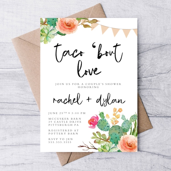 Taco Bout Love Couples Shower 5x7 Invitation, Printable Invitation, Boho Invitation, Taco Bridal Shower, Taco Couples Shower, Modern