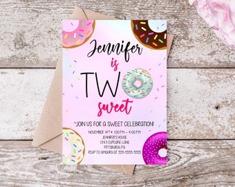 Two Sweet Birthday Invitation, Printable Invitation, Donut Party, Sweet Party, Two Sweet, Second Birthday, 2nd Birthday, Girl Invitation