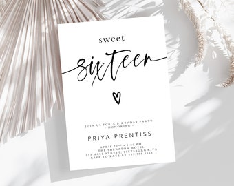 May include: A white invitation card with black text that reads "sweet sixteen" in cursive. The card also includes the text "Join us for a birthday party honoring Priya Prentiss" and details for the event, including the date, time, location, and RSVP information.