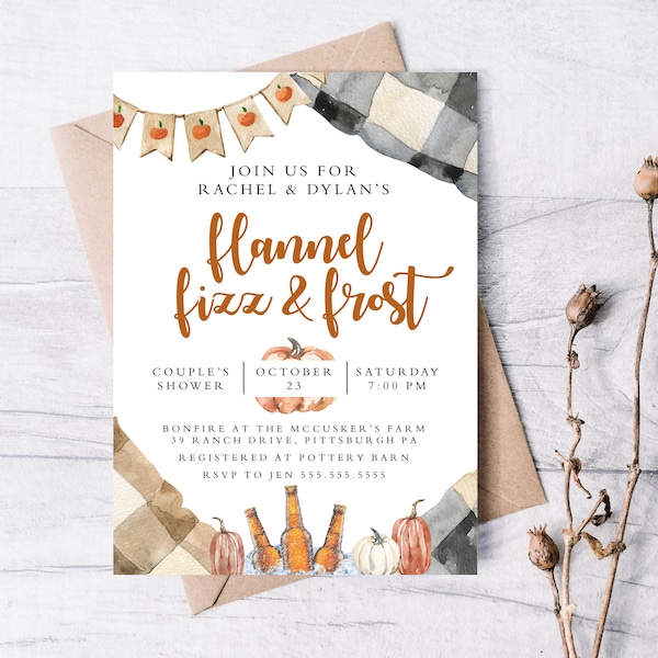 Flannel Fizz and Frost Couples Shower 5x7 Invitation, Printable Invitation, Boho Invite, Bridal Shower, Rustic Invite, Baby Shower, Modern