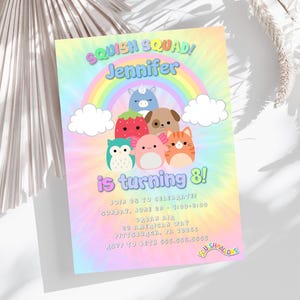 May include: A birthday invitation with a tie-dye background in pastel colours. The text reads "Squish Squad! Jennifer is turning 8!" with cartoon characters, a rainbow, and clouds. The invitation includes event details.