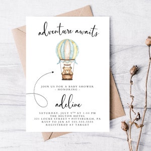Invitation Baby Shower 5x7, Invitation imprimable, Invitation Boho, Globe, L’aventure vous attend, Baby Shower, Monde, Baby Boy