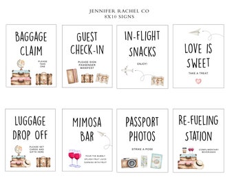 May include: Eight watercolor illustrations for a travel-themed party. The signs include "Baggage Claim", "Guest Check-In", "In-Flight Snacks", "Love is Sweet", "Luggage Drop Off", "Mimosa Bar", "Passport Photos", and "Re-Fueling Station".