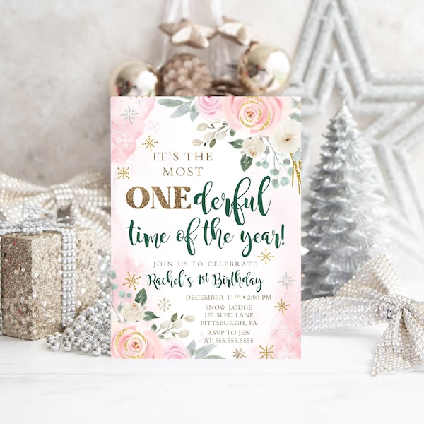 Invitation d’anniversaire la plus ONEderful de l’année, premier anniversaire de fille, moderne, anniversaire de Noël, anniversaire de vacances, 1er anniversaire de fille