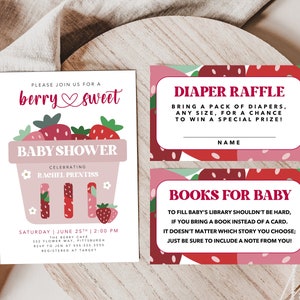 Berry sweet baby shower invitation, berry sweet baby shower, modern, sweet, boho, strawberry baby shower, printable invitation, 5x7 digital