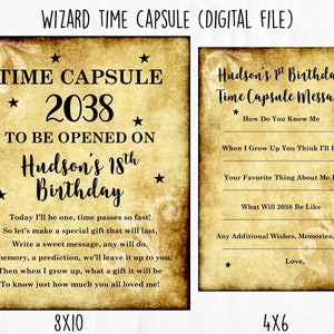 May include: A printable time capsule message for a child's birthday. The message includes prompts for the child to answer, such as "How do you know me?" and "What will 2038 be like?" The message is designed to be opened on the child's 18th birthday.