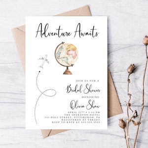 Adventure Awaits Bridal Shower 5x7 Invitation, Printable Invitation, Boho Invitation, Globe, Adventure Awaits, Bridal Shower, World Traveler