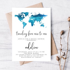 Reizen van Miss naar Mrs Bridal Shower Uitnodiging, Afdrukbare Uitnodiging, Boho, Reisuitnodiging, Earth Map, Adventure Awaits, Bridal Shower