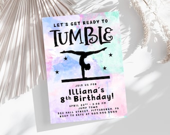 May include: A colorful invitation for an 8th birthday party with a silhouette of a gymnast on a balance beam. The invitation says "Let's get ready to tumble" and "Illiana's 8th Birthday!" with details about the party date, time, and location.