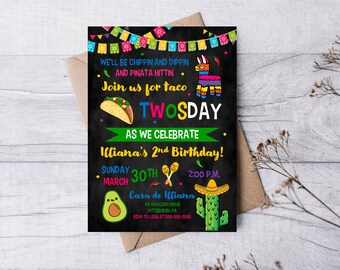 Taco TwosDay Birthday, Printable Invitation, Taco Party, Second Birthday, Boys Birthday, Girls Birthday, Fun Invitation, Cute Invitation