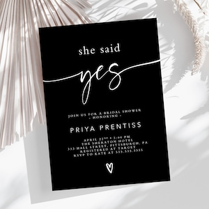 She Said Yes Bridal Shower 5x7 Invitation, Printable Invitation, Boho Invitation, Modern, Minimalist, Minimal, Simple, Black and White
