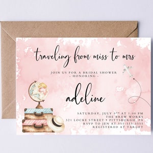 Reizen van Miss naar Mrs Bridal Shower Uitnodiging, Afdrukbare Uitnodiging, Boho, Reisuitnodiging, Aarde Kaart, Avontuur Wacht, Bruidsdouche