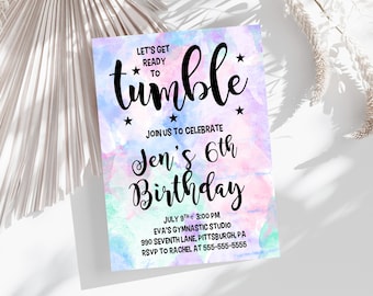 May include: A colorful invitation with a watercolor background. The text reads "Let's get ready to tumble. Join us to celebrate Jen's 6th Birthday. July 9th at 3:00 PM. Eva's Gymnastic Studio. 990 Seventh Lane, Pittsburgh, PA. RSVP to Rachel at 555-555-5555."