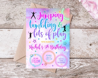 May include: A colorful invitation for a 5th birthday party with a galaxy background. The invitation says "Jumping, tumbling & lots of play. We're celebrating Rachel's 5th Birthday." The invitation includes details for the party, including the date, time, and location.