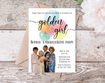 Könnte beinhalten: Eine Einladung zu einem Junggesellinnenabschied mit einer Aquarell-Illustration von bunten Luftballons und dem Text "golden girl" und "Sophia's Bachelorette Party". Die Einladung enthält Datum, Uhrzeit, Ort und RSVP-Informationen.