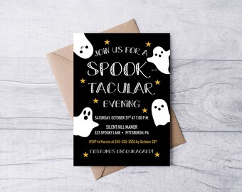 May include: Black and white invitation with gold stars for a Halloween party. The invitation reads "Join us for a Spook-tacular Evening" with the date and time of the party, the location, and an RSVP request. The invitation also encourages guests to wear costumes.