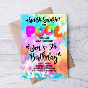Pool Party 5x7 Invitation, Printable Invitation, Tie Dye, Fun Pool Party Invitation, Girls Invite, Summer Invitation, Swimming Party, Color