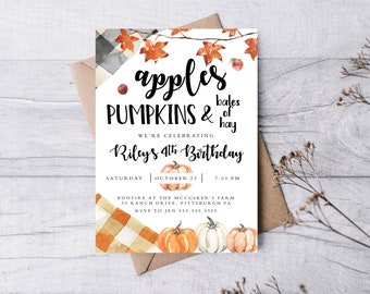 Apple and Pumpkins Birthday Invitation 5x7, Printable Invitation, Boho, Modern, Fall Party, Girl Invite, Boy Invite, Autumn Invite, Pumpkins