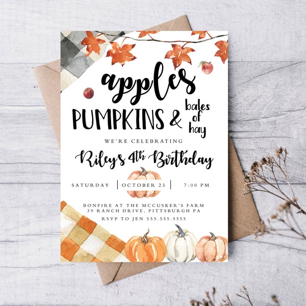 Apple and Pumpkins Birthday Invitation 5x7, Printable Invitation, Boho, Modern, Fall Party, Girl Invite, Boy Invite, Autumn Invite, Pumpkins
