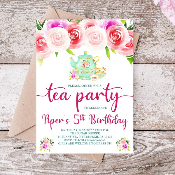 Tea Party 5x7 Invitation, Printable Invitation, Beautiful Invitation, Cute Tea Party, Girls Birthday, Girls Invitation, Princess Party