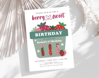 May include: A birthday party invitation with a red heart and the words "berry sweet" in pink. The invitation features a green basket filled with red strawberries and the text "Rachel's 1st Birthday".