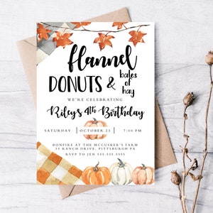 Invitación de cumpleaños de franela y dona 5x7, Invitación imprimible, Boho, Moderno, Fiesta de otoño, Invitación de niña, Invitación de niño, Invitación de otoño, Donas
