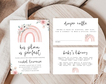 Op de afbeelding: Een roze en witte regenboog met bloemmotieven staat op een babyborrel uitnodiging. De uitnodiging luidt "Zijn plan is perfect" en bevat de tekst "Sluit je aan bij ons voor een babyborrel ter ere van Rachel Lawrence". De uitnodiging bevat ook de datum, tijd, adres en RSVP-informatie.