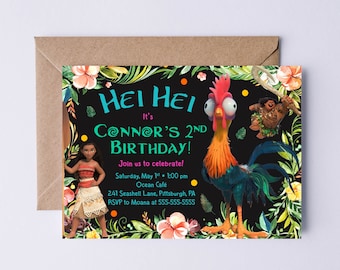 Hei Hei Moana Invitation 5x7, Printable Invite, Hei Hei Invitation, Tropical Invite, Summer Invite, Floral