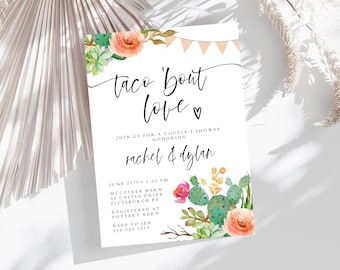 May include: A white invitation card with a watercolor illustration of cacti and flowers. The text reads "taco 'bout love" with a heart symbol. The invitation is for a couple's shower honoring Rachel and Dylan. The event is scheduled for June 25th at 3:00 PM at the McCusker Barn, 39 Castle Drive, Pittsburgh, PA. The RSVP information is provided with a phone number.
