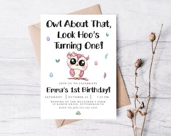 Owl Birthday Party Invitation, Printable Invitation, Owl About That, Look Hoo's Turning, Owl Invitation, Modern, Minimalist, Boho, Cute