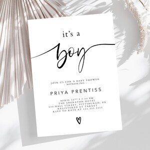 È un ragazzo Baby Shower 5x7 invito, invito stampabile, invito Boho, moderno, minimalista, minimale, semplice, bianco e nero