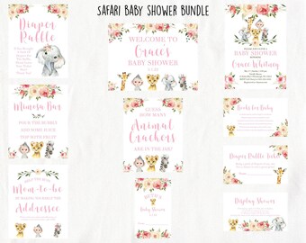 May include: A set of printable baby shower signs with a safari theme. The signs feature pink and white floral designs with animal illustrations. The signs include "Diaper Raffle", "Mimosa Bar", "Guess How Many Animal Crackers", "Books for Baby", "Diaper Raffle Ticket", "Mom-to-be Addressee", "Welcome to Grace's Baby Shower", and "Beth's Baby Shower".