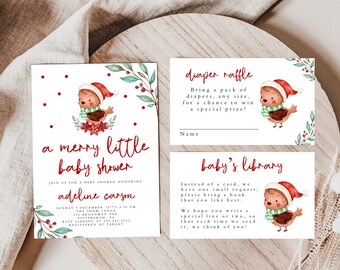 Puede incluir: Una invitación a una baby shower de temática navideña en rojo y verde con una ilustración de acuarela de un pájaro con un gorro de Papá Noel. La invitación dice "a merry little baby shower" e incluye el nombre "Adeline Carson".