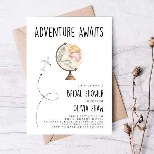 Adventure Awaits Bridal Shower 5x7 Invitation, Printable Invitation, Boho Invitation, Globe, Adventure Awaits, Bridal Shower, World Traveler