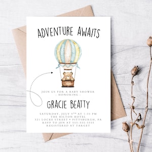 Invitation Baby Shower 5x7, Invitation imprimable, Invitation Boho, Globe, L’aventure vous attend, Baby Shower, Monde, Baby Boy