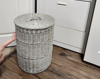 Gray wicker laundry hamper Woven storage basket Toys storage with a lid Cottage home