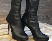 Vince Camuto Over the Knee Boots Emperial Black Leather, Leather Over The Knee Boots With Back Cutout, OTKB, Size 7M