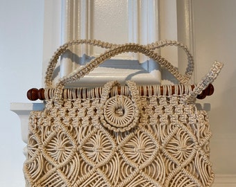 Lovely Vintage 70’s Macrame and Wood Mini Handbag Wristlet