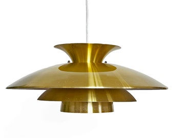 Large pendant light with golden finish by Jeka Metaltryk. Denmark 1970s